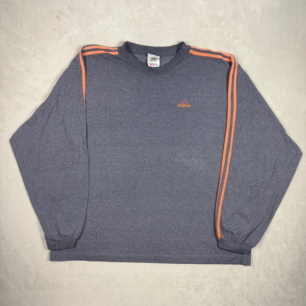 90s Mens Adidas Long Sleeve Side Stripe T-Shirt Streetwear Navy XL